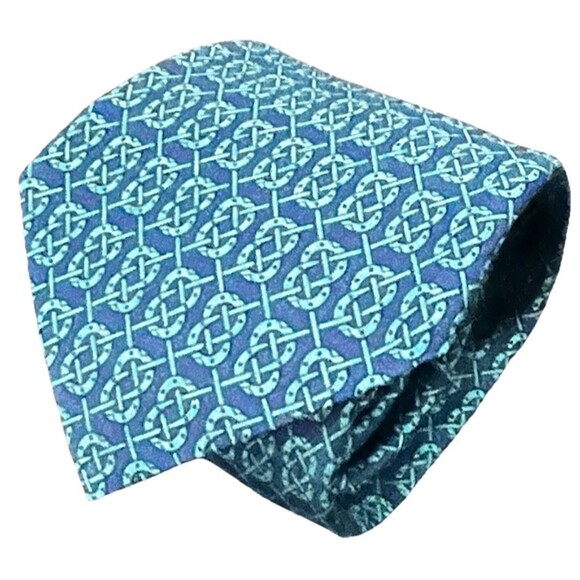 Hermès Paris Silk Tie Navy Teal Horseshoe Polo Mallet Equestrian Pattern EUC - Picture 4 of 10